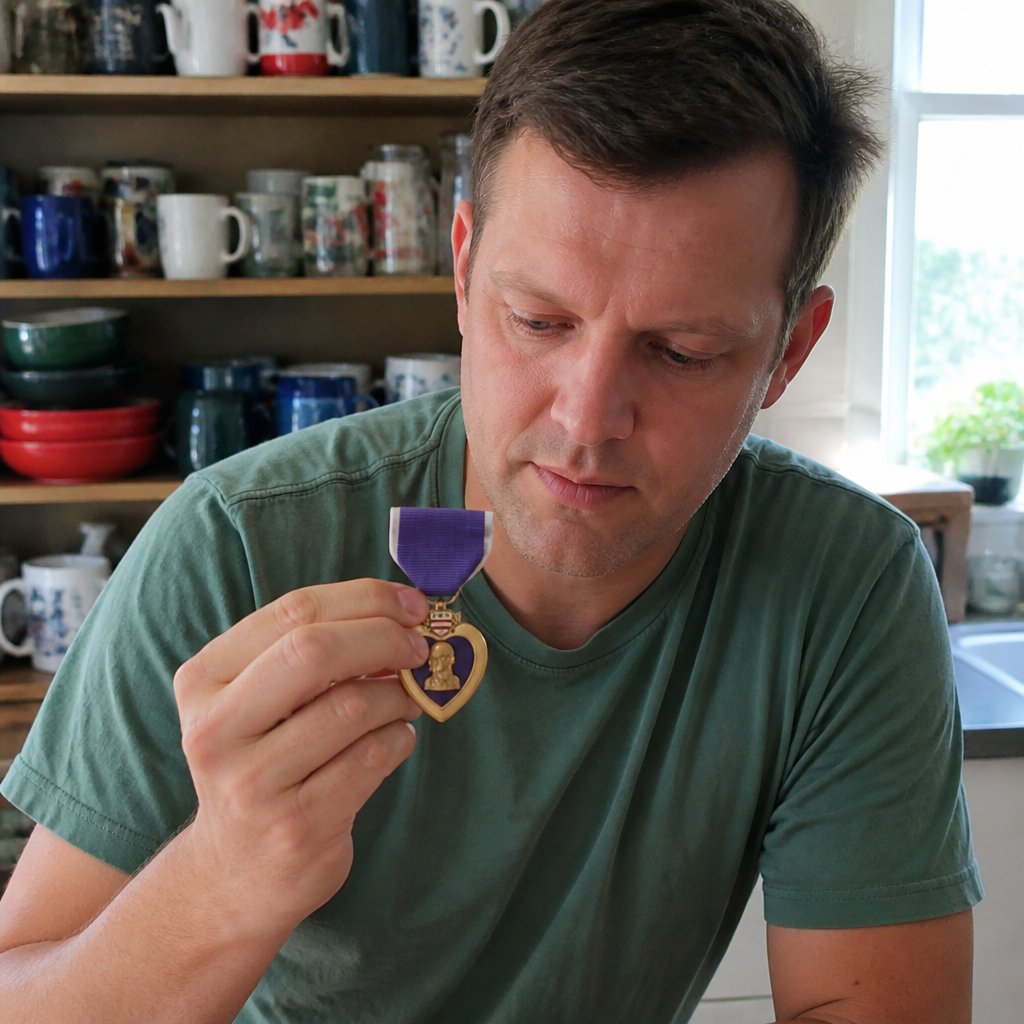 Man inspecting tiny initials on the back of a Purple Heart medal at a kitchen counter.