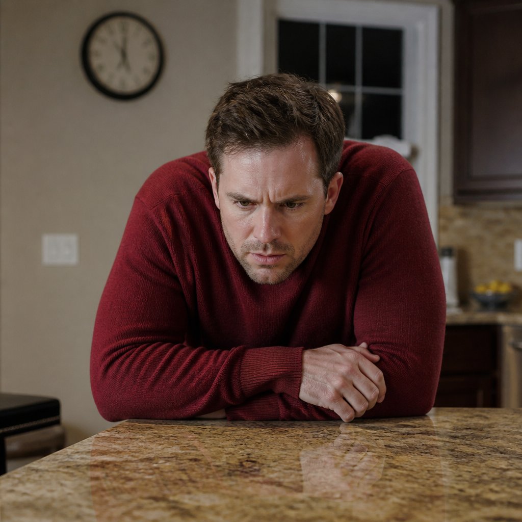 Man looking frustrated at phone face-down on kitchen counter.