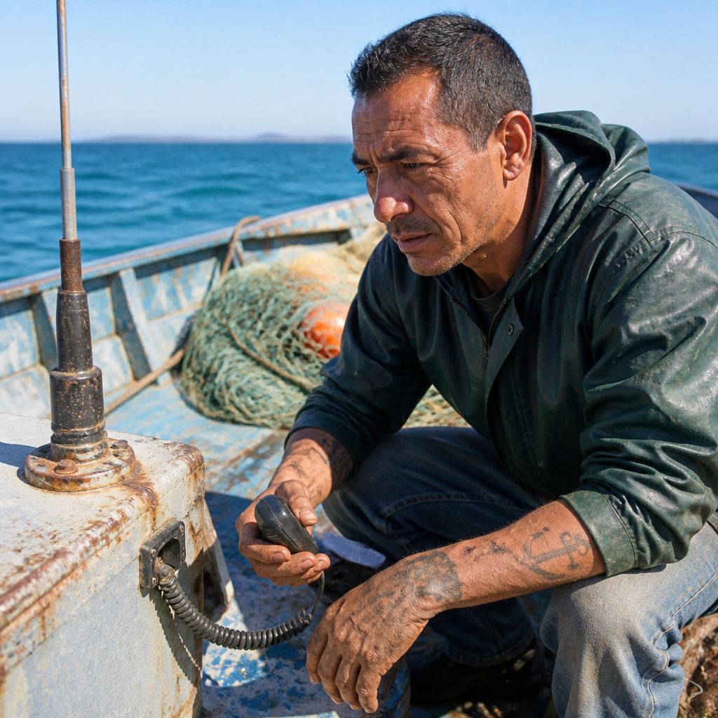 Man inspecting a corroded radio antenna on a fishing boat, holding a dead handset with a look of worry.