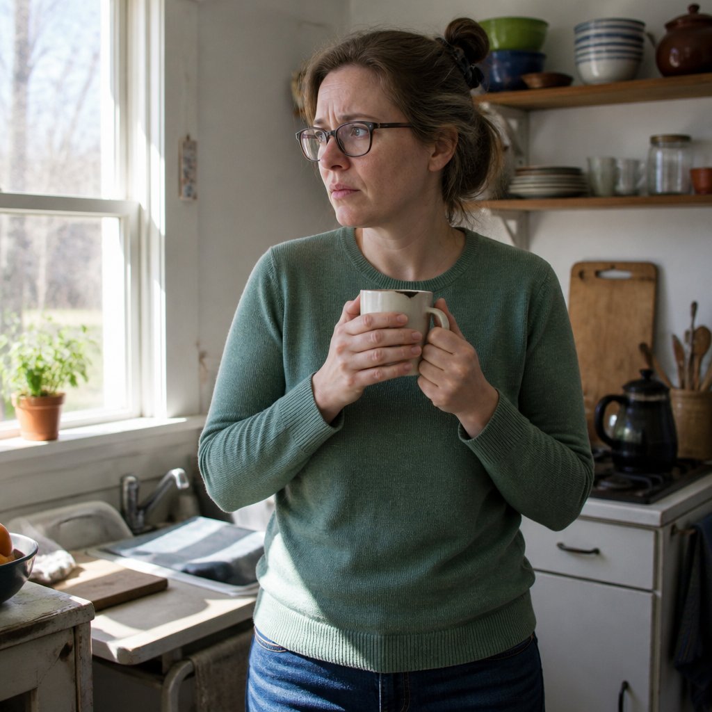 Woman in a green sweater holds a chipped mug, looking down with a sad, conflicted expression in her kitchen.