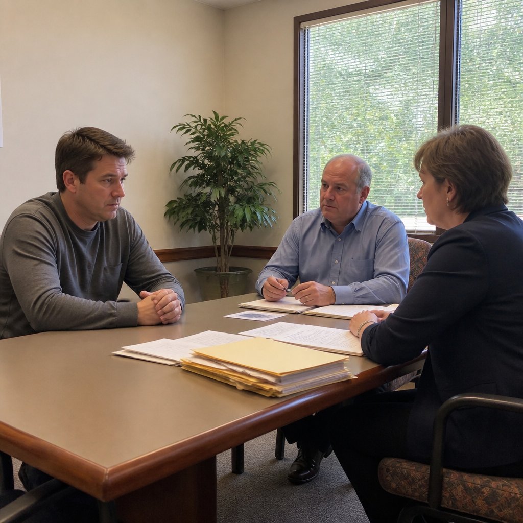 Man feeling uneasy during a meeting with lottery officials in an office.
