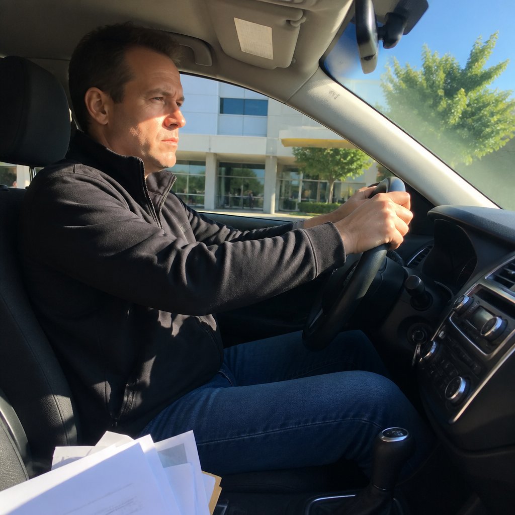 Daniel Mercer in his car outside the hospital, gripping the steering wheel and clutching his documents.