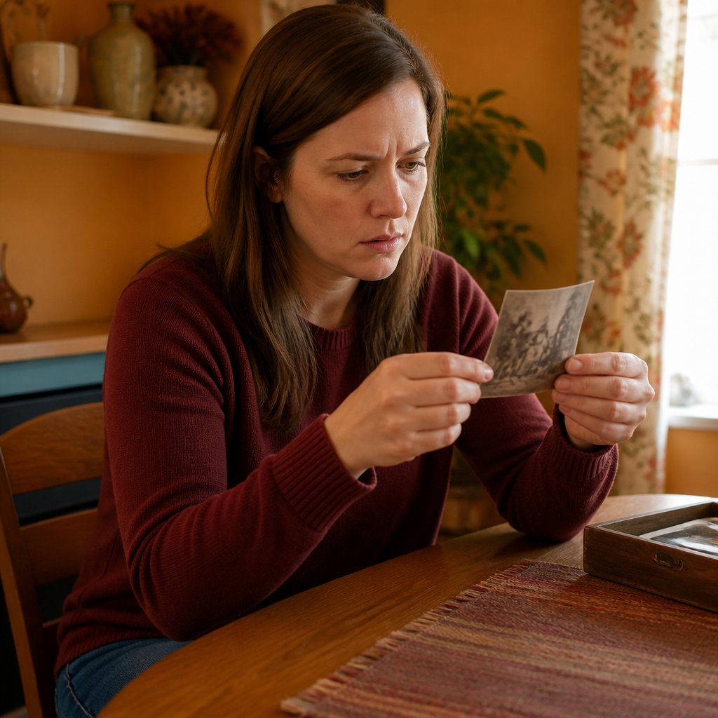 Woman examining an old obituary clipping with a photo of a young girl resembling her.