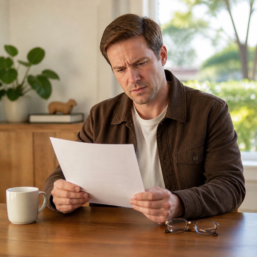 Man reading a thin official military document looking puzzled at a desk.