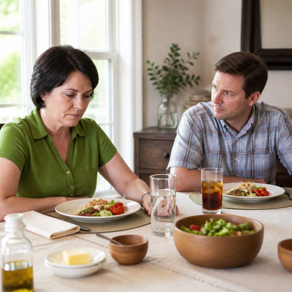 Woman refusing to talk at tense family dinner.