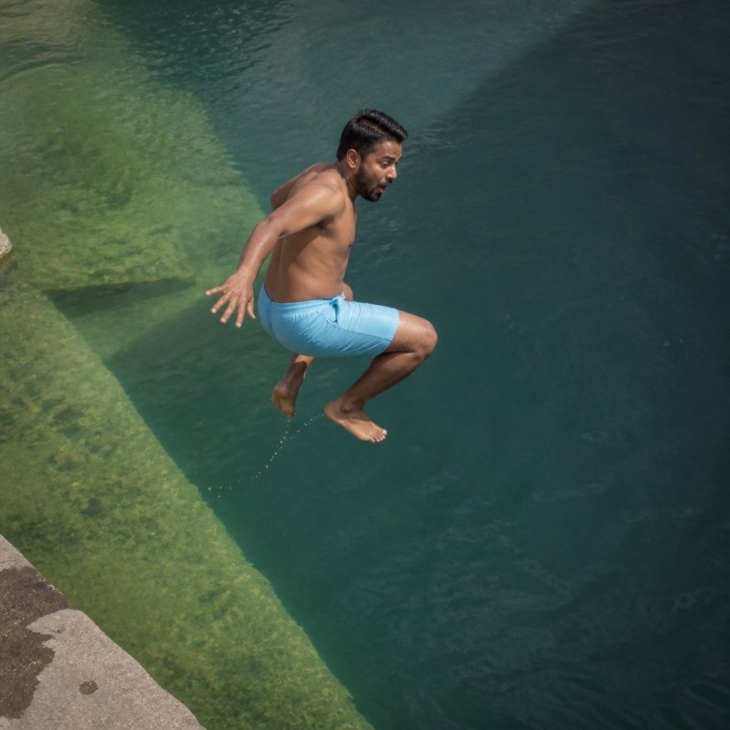 Mason midair above the reservoir, his face showing alarm, with a submerged rock ledge visible under the water.