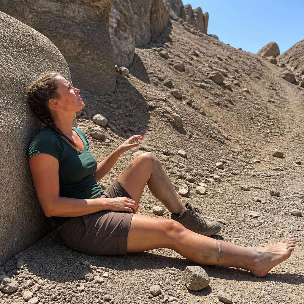 Protagonist seated at canyon base, looking up at steep loose slope, injured leg extended.