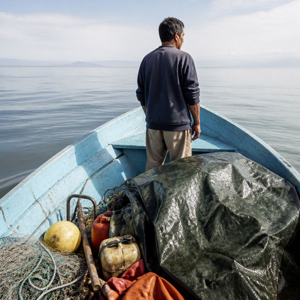 Man standing at boat’s bow staring at distant gray coastline shrouded in mist, ocean calm and silent.