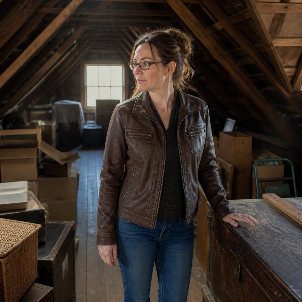Woman in a leather jacket stands in a dusty attic, hand resting on a cedar chest, surrounded by boxes and beams.