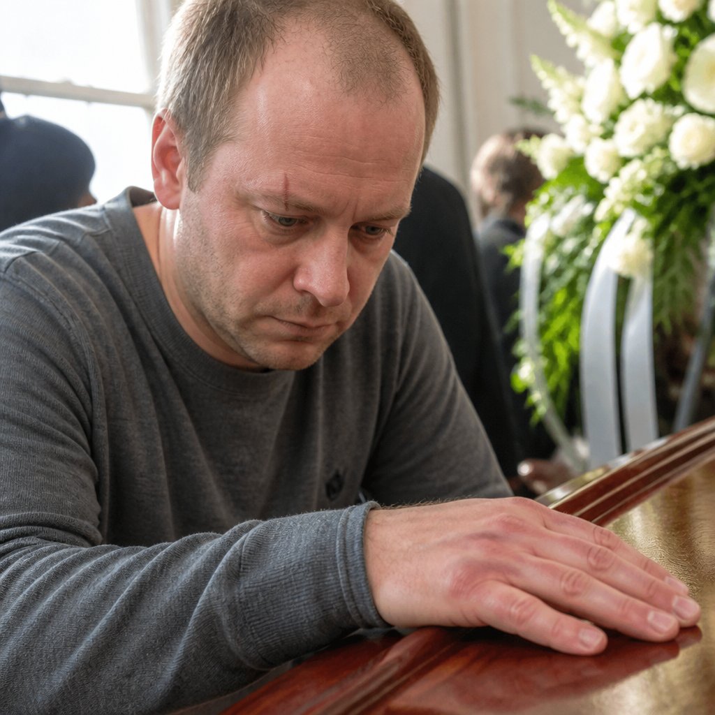 Man slapping coffin lid with no response, chapel sounds beyond.