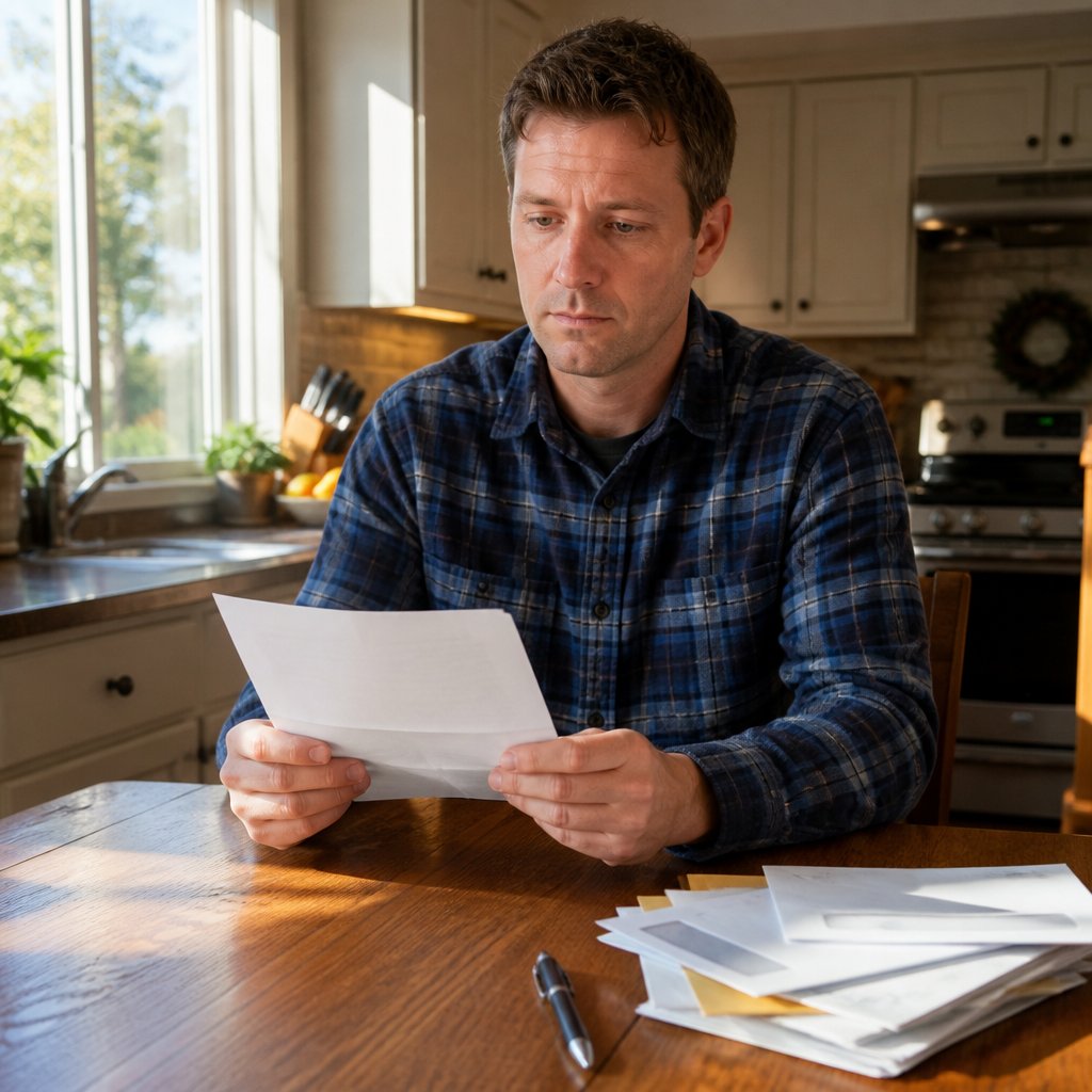 Man reading an official letter with a puzzled look in a kitchen, standing at a table.