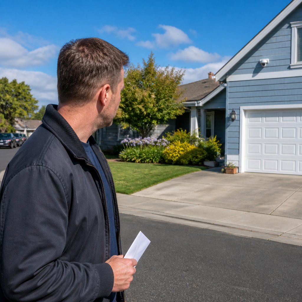 Man standing across street looking at house with security camera.