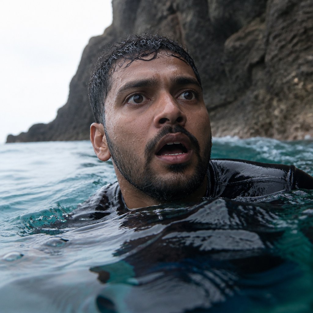 Mason half-submerged near the cliff, looking dazed with water on his face and hair.