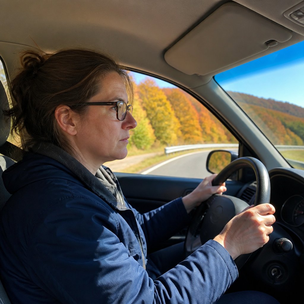 Woman drives on a winding highway through autumn trees, expression tense and worried.