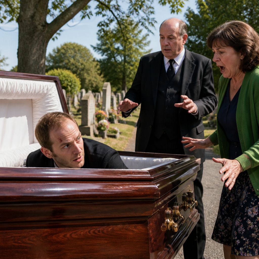 Man seen alive in coffin as funeral director and woman react with shock.
