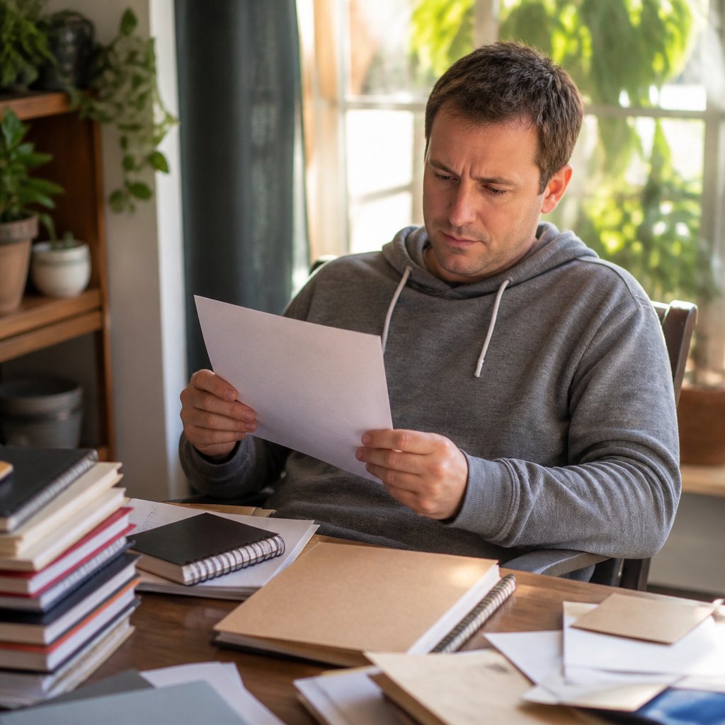 Man sitting at desk reading printed pages with a thoughtful expression.