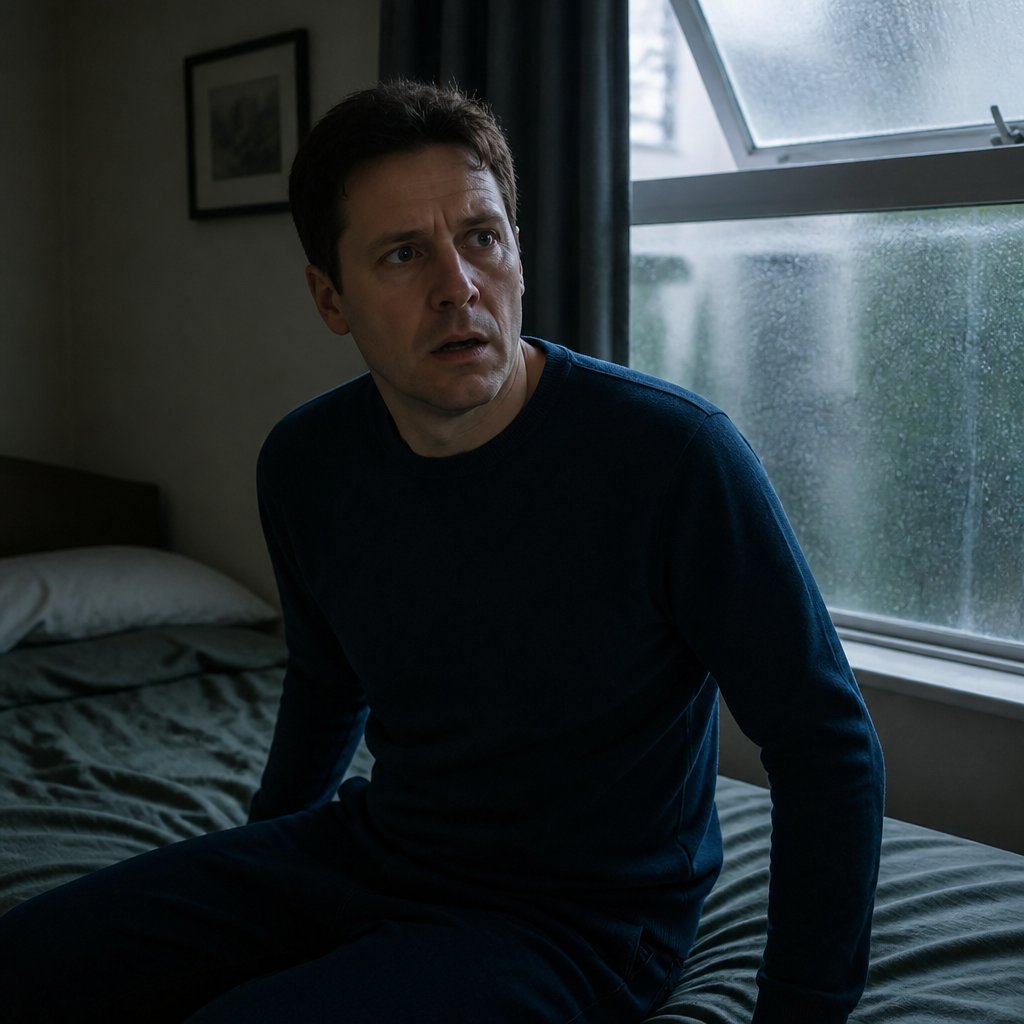 Man startled by blocked call warning in dim bedroom.