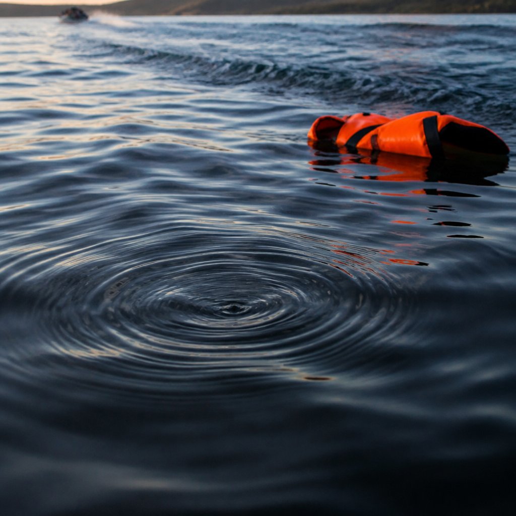 Ripples on the water surface with a floating orange lifejacket nearby and a distant boat wake.