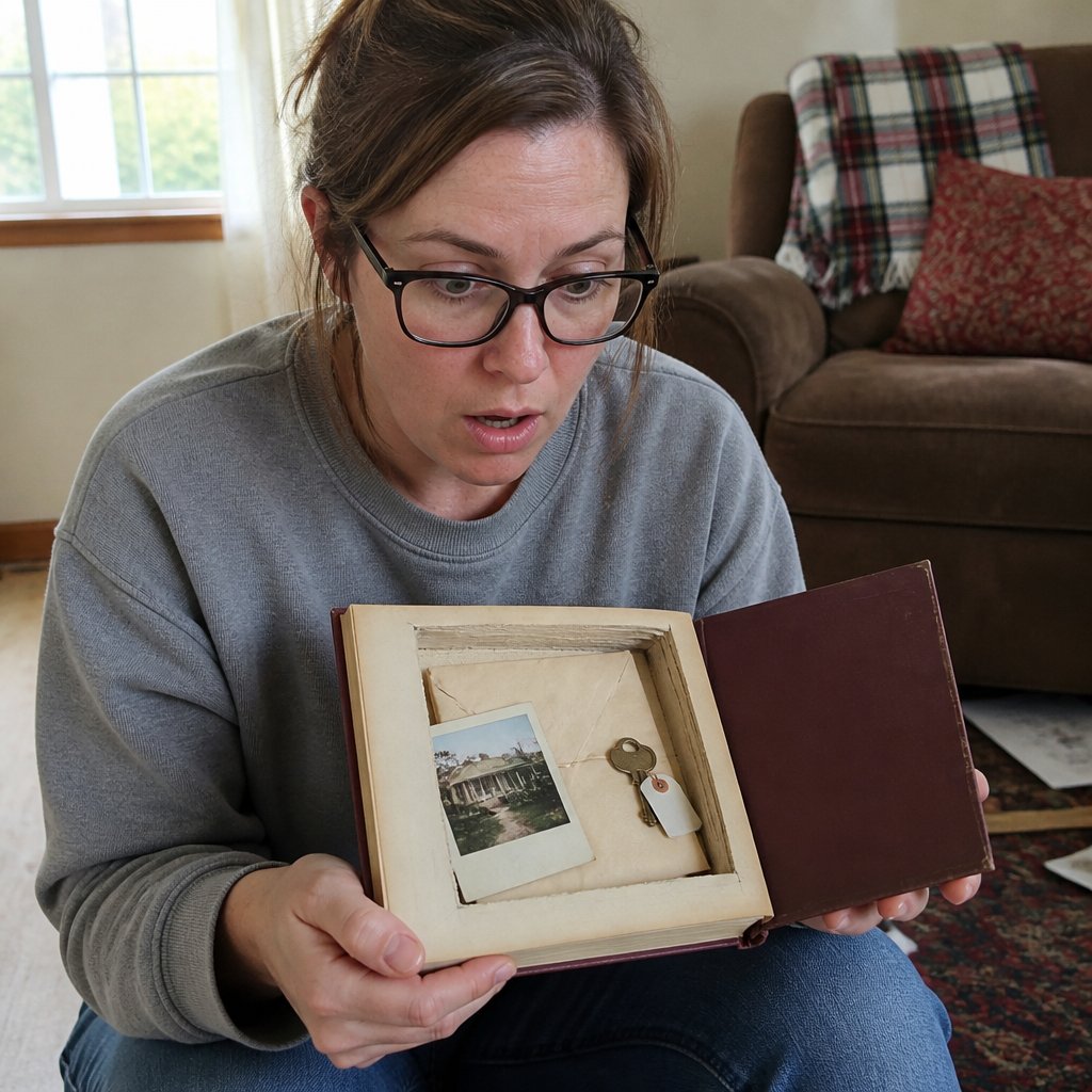 Woman sits on floor holding a hollow book with letter, key, and Polaroid photo, eyes wide with shock.