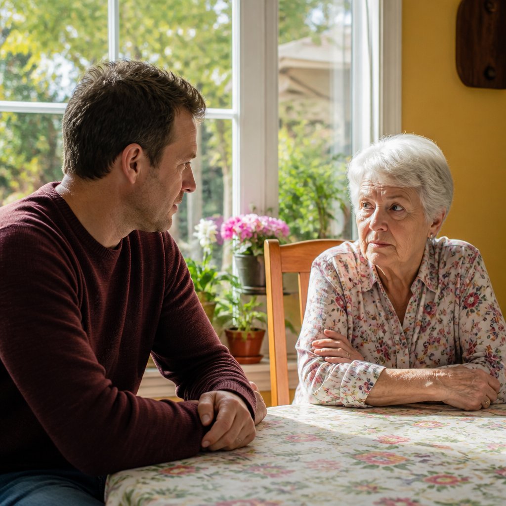 Man sitting at a table talking to a serious elderly woman who looks guarded.