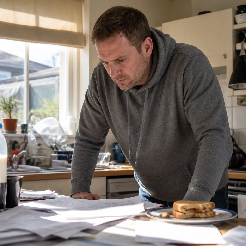 Man examining confusing documents at kitchen counter.