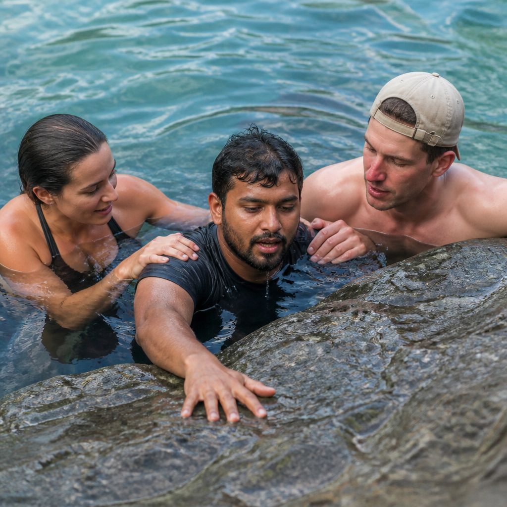 Mason in the water being held up by Dee and Ravi, their faces showing concern.