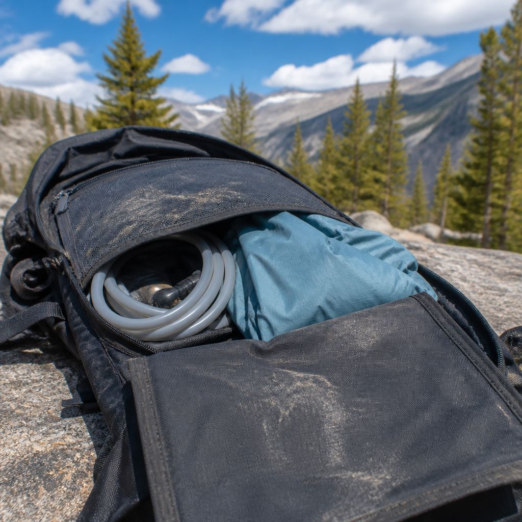 Detail of an open inner pack pocket on a rock showing a filter tube and wind shell, no people.