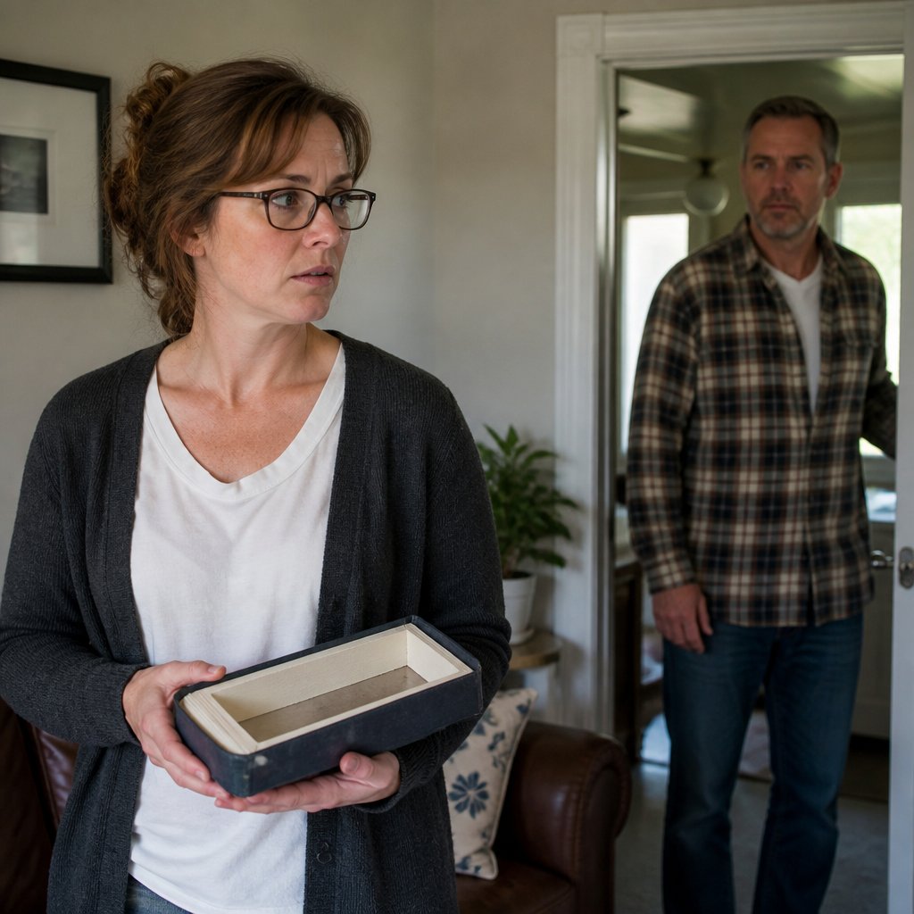Woman caught holding a hollow book as a middle-aged man enters the room, both with tense expressions.