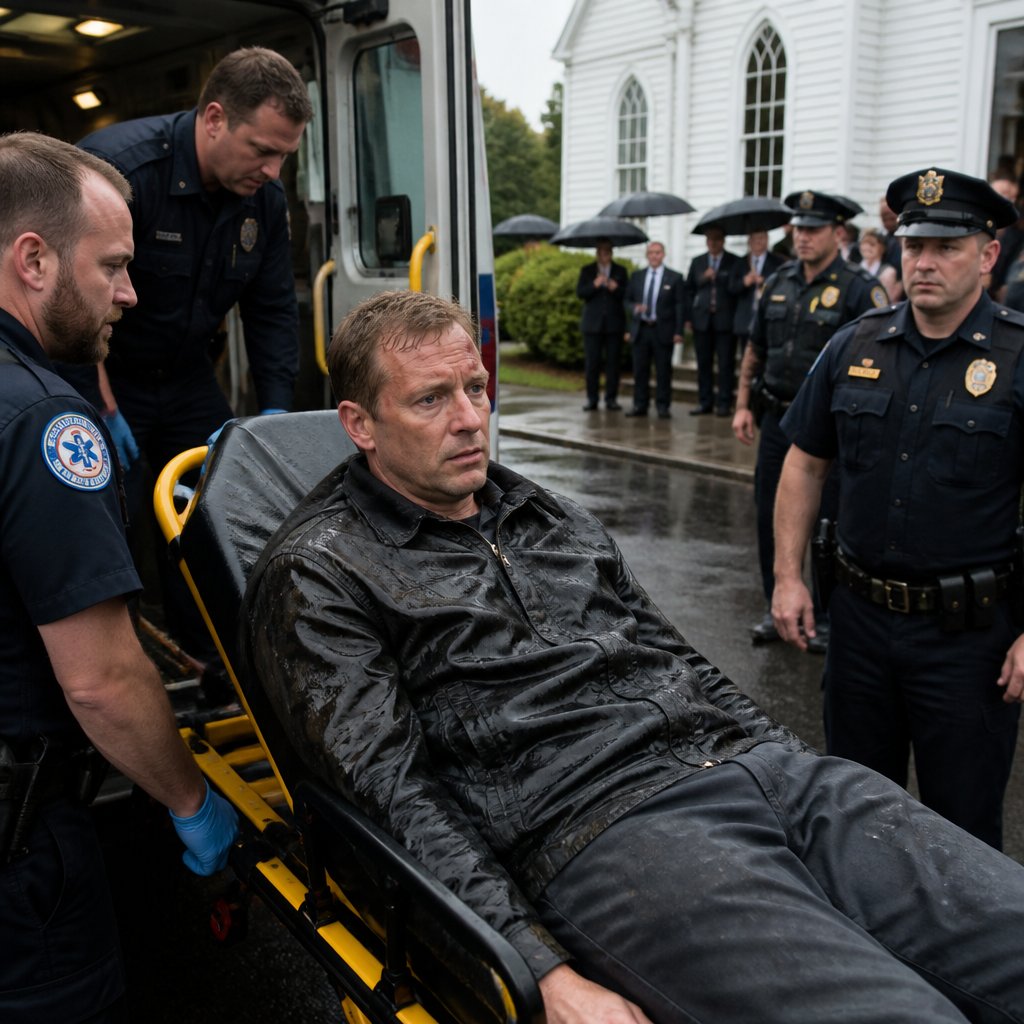 Man loaded into ambulance in rain while mourners watch, police and EMTs present.