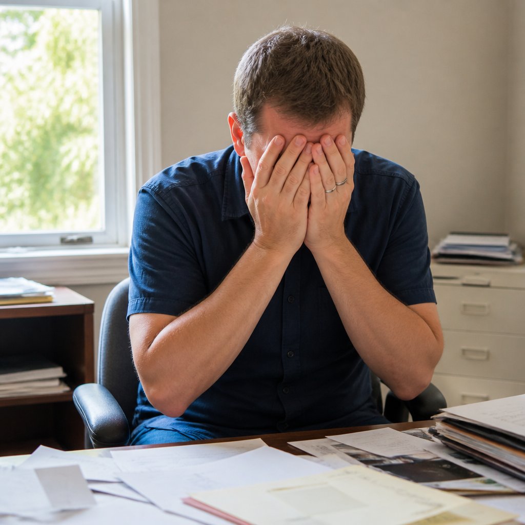 Daniel Mercer overwhelmed while reviewing his credit report in a cluttered home office.