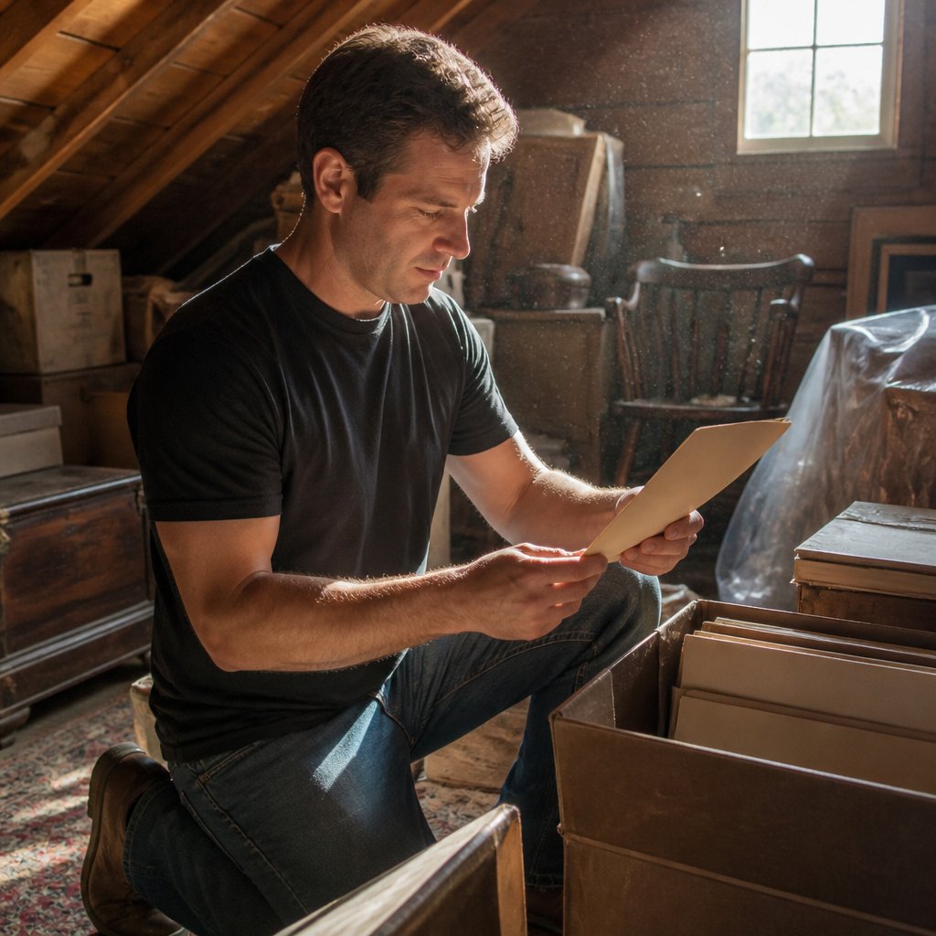 Man kneeling in attic holding a manila folder, looking curious and cautious.