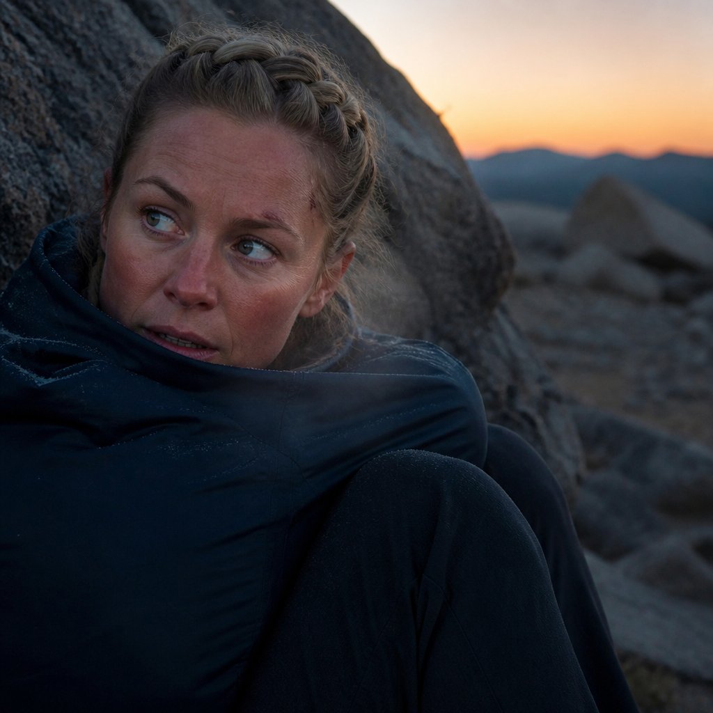 Protagonist curled against a rock ledge at dusk, wrapped in a wind shell, looking alert and cold.