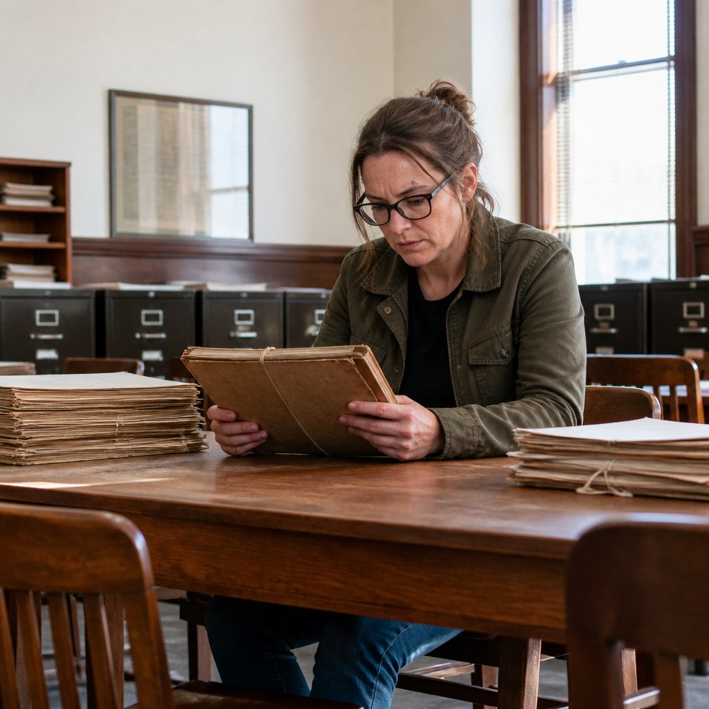 Woman studies a sealed legal file in a courthouse records room, looking puzzled and focused.