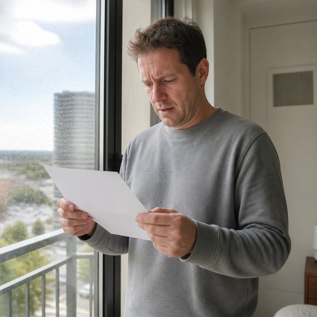 Daniel Mercer looking out a rainy window, holding a marriage license bearing his name.