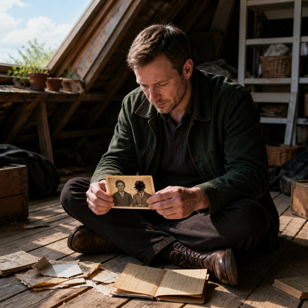 Man sitting on attic floor with a sepia photo, torn telegram, and ration book, looking puzzled.