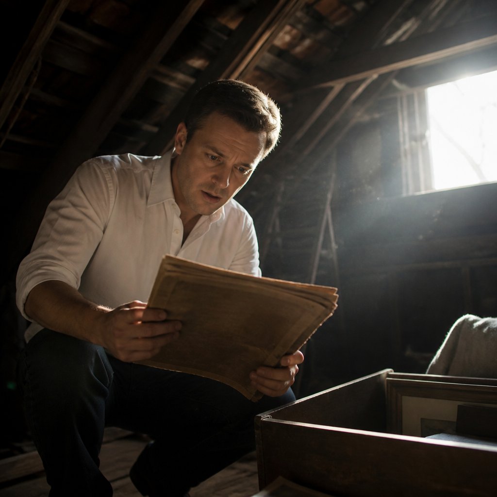 Man examining dusty folder in attic with worried expression.
