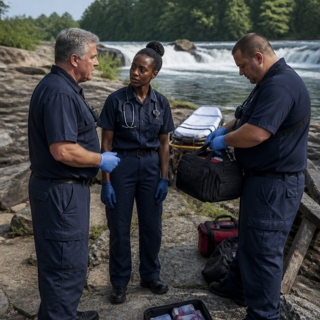 Three paramedics in dark EMS uniforms standing on the rocks with a stretcher and equipment, speaking quietly.