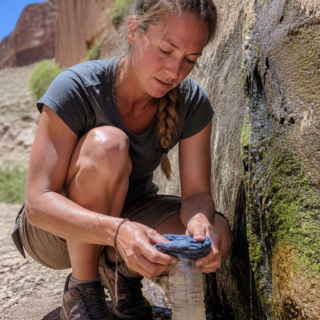 Woman kneeling by a mossy seep, filtering water with a bandana into a bottle.