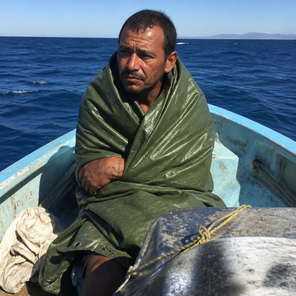 Man wrapped in tarp huddled in small boat surrounded by dark ocean at night, looking cold and tired.
