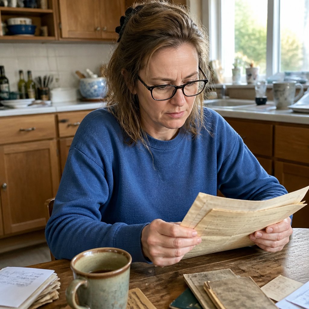 Woman examining old water-stained papers at a kitchen table, looking puzzled and focused.