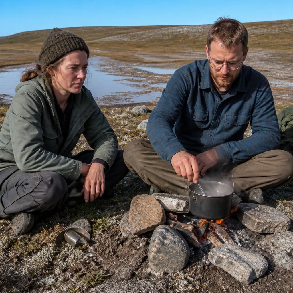 Two people boiling water over a small fire near a muddy slough in tundra, faces tired but focused.