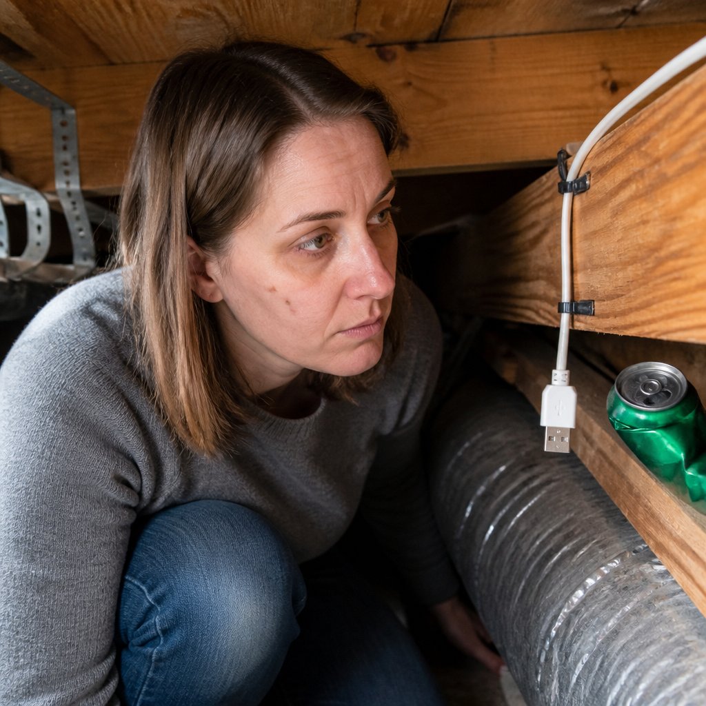Woman inspecting a white USB cable zip-tied to a joist inside a narrow duct chase, with a crushed green aluminum can wedged nearby.