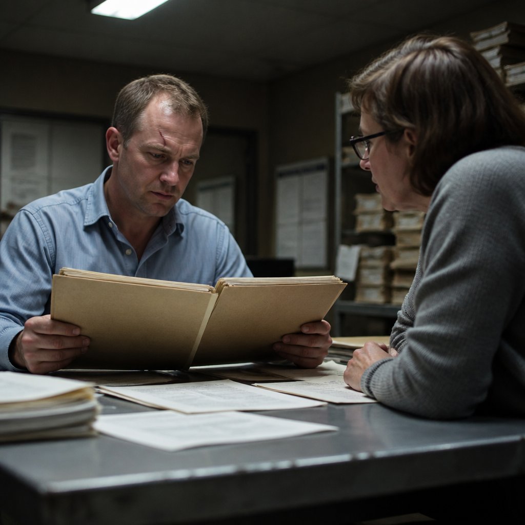 Man looking closely at two hospital folders with a clerk in a records room.