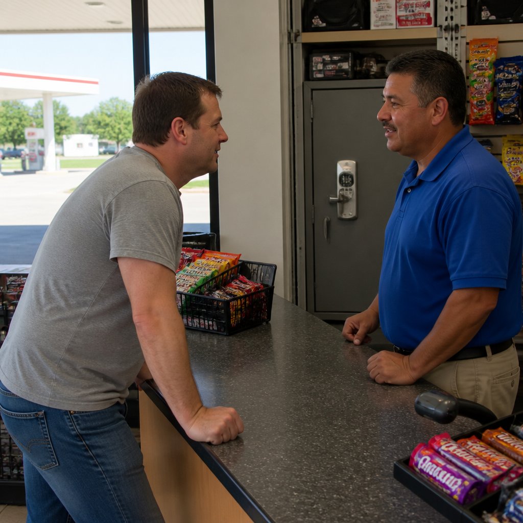 Man talking to Speedway manager at gas station counter