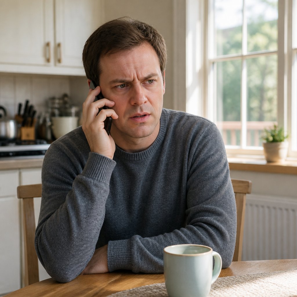 Man on phone at kitchen table looking tense and confused