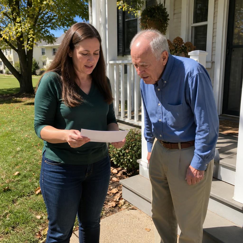 Woman holding a document talking to elderly man on porch
