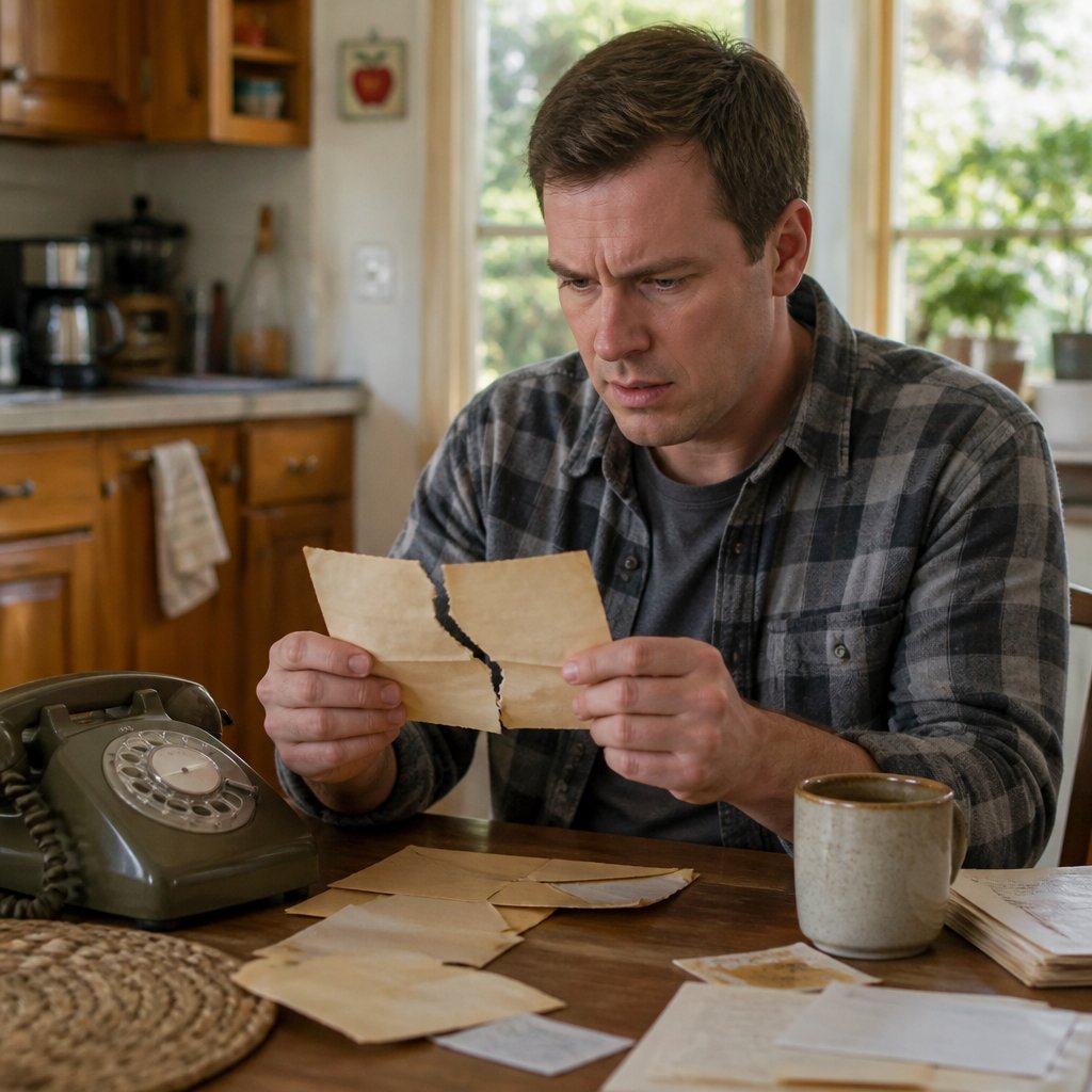 Man holding torn yellowed telegram at kitchen table, appearing puzzled.