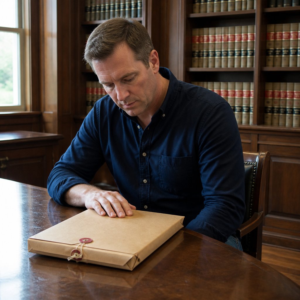 Man in navy shirt sitting at law library table, staring down at a sealed legal folder with a confidential stamp.
