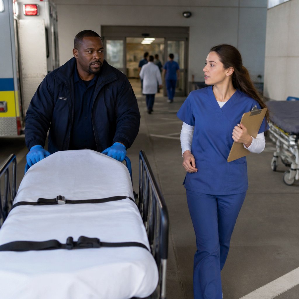 Paramedic and ER nurse pushing a stretcher in an ambulance bay; wet footprints on the floor.