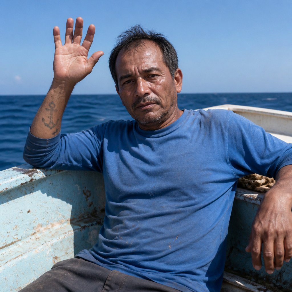 Man in blue shirt weakly waving from small boat at night with distant ship lights on horizon.